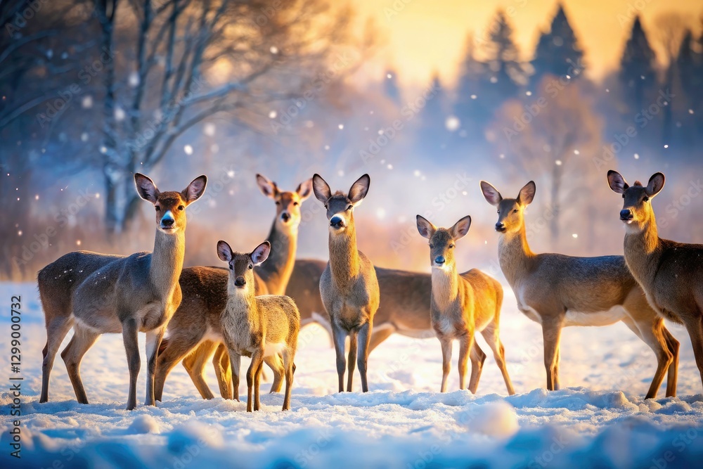 Obraz premium Winter Deer Herd, Snow Field, Low Light Photography, Rural Landscape, Calm Winter Afternoon