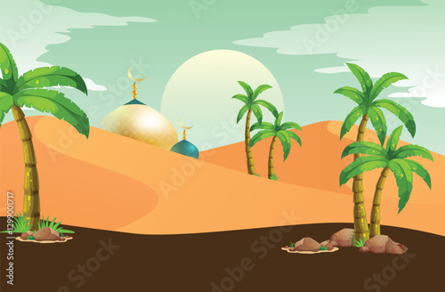 Sand dunes, camel and plam arabia vector illustration