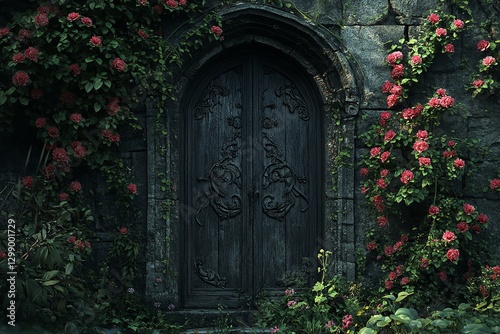 On a calm, beautiful Saturday morning, a worn, old stone entrance is surrounded by vibrant flowers and lush vegetation, signifying hope, rebirth, and resurrection. Generative Ai