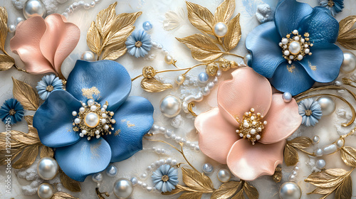 3D wallpaper with blue and pink flowers, golden leaves, and pearls 
