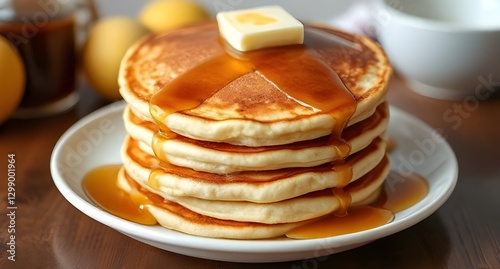 Stack of pancakes with maple syrup and butter