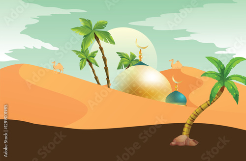 Sand dunes, camel and plam arabia vector illustration