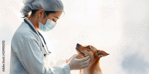 Greateful small dog remains still while female Asian veterinarian is examining him on a bright background inside a veterinary clinic. She is wearing surgical mask and gloves. Trust and compassion photo