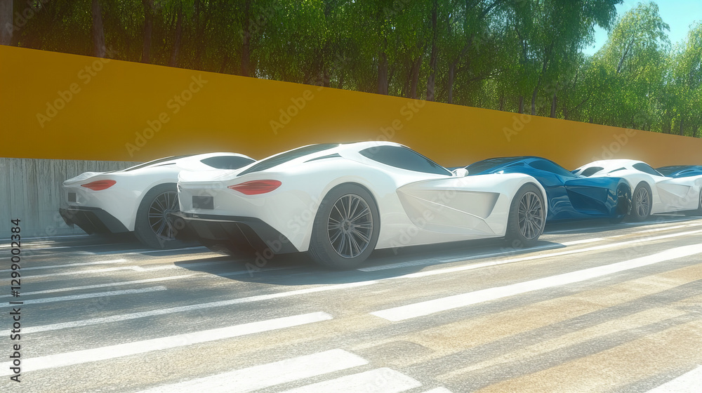 Fototapeta premium Sleek sports cars parked along a modern urban street with vivid yellow wall backdrop