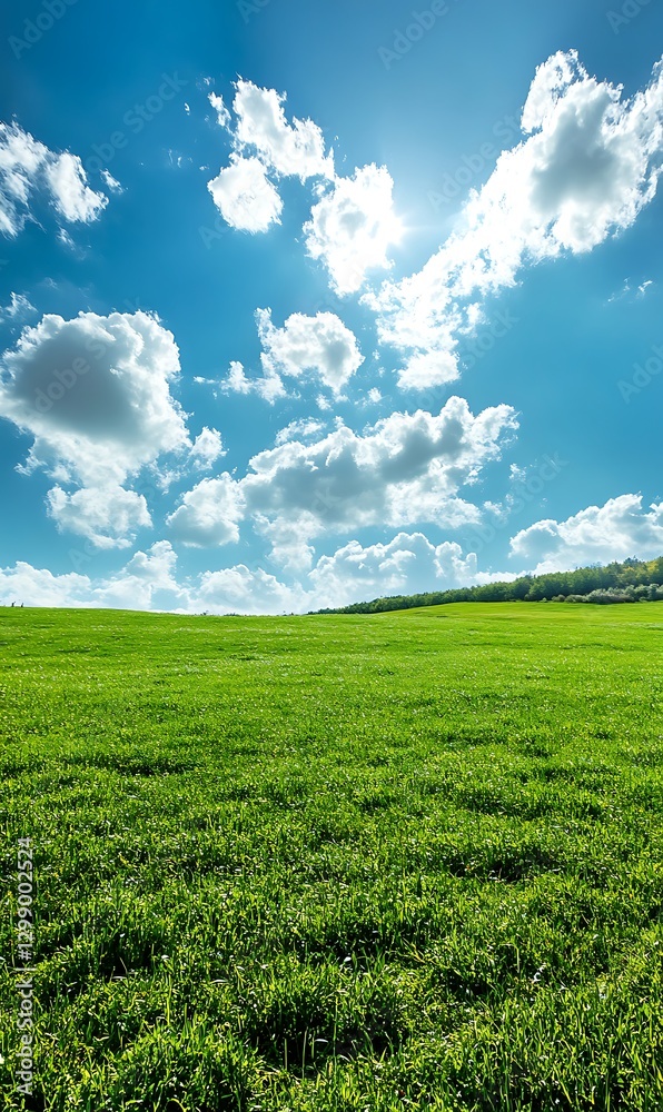 Naklejka premium a green field with blue sky and clouds