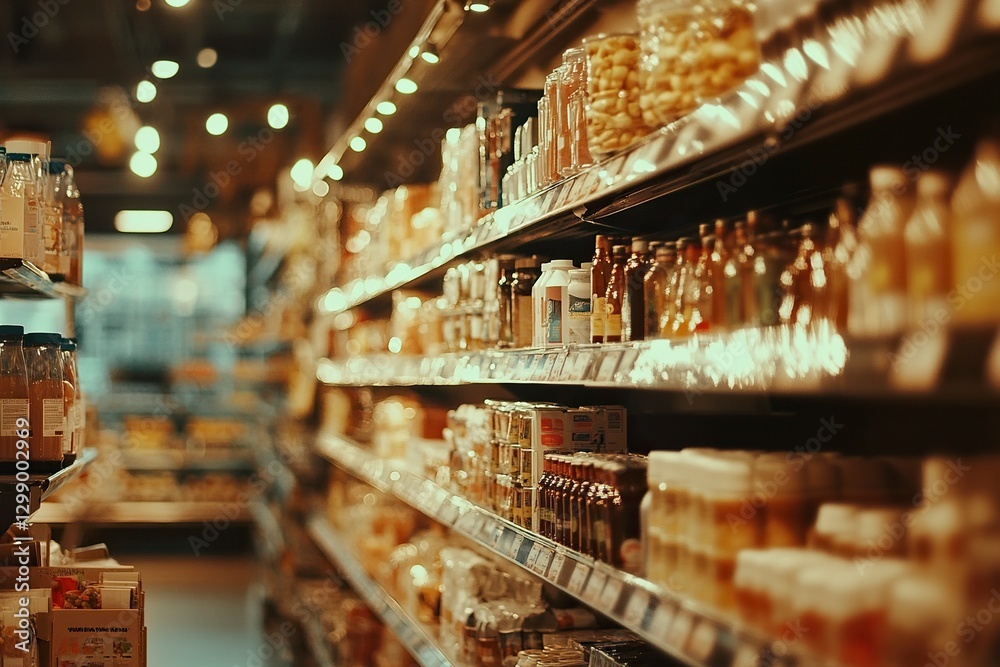 Fototapeta premium Blurred background of an indoor supermarket with shelves full of products, light and shadow effects, neutral tones, wide-angle lens, bright lighting, product display area in the foreground