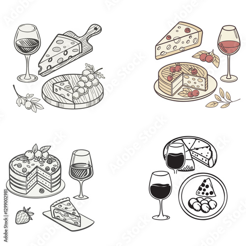 chalk food vector illustrations. wedding dinner icons, wine or champagne glasses, cheese, and charcuterie drawings for wedding invitations, cafe menus, and parties.