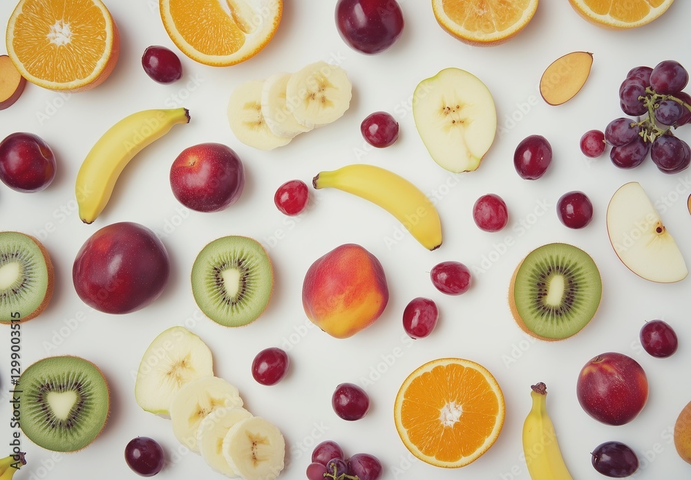 A vibrant flat lay showcasing an assortment of fresh fruits including oranges bananas kiwi apples plums grapes and peaches arranged on a white background A vibrant flat lay showcasing an assortment of fresh fruits including oranges bananas kiwi apples plums grapes and peaches arranged on a white background