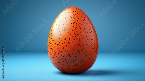 Close-up of a speckled orange egg on blue background
