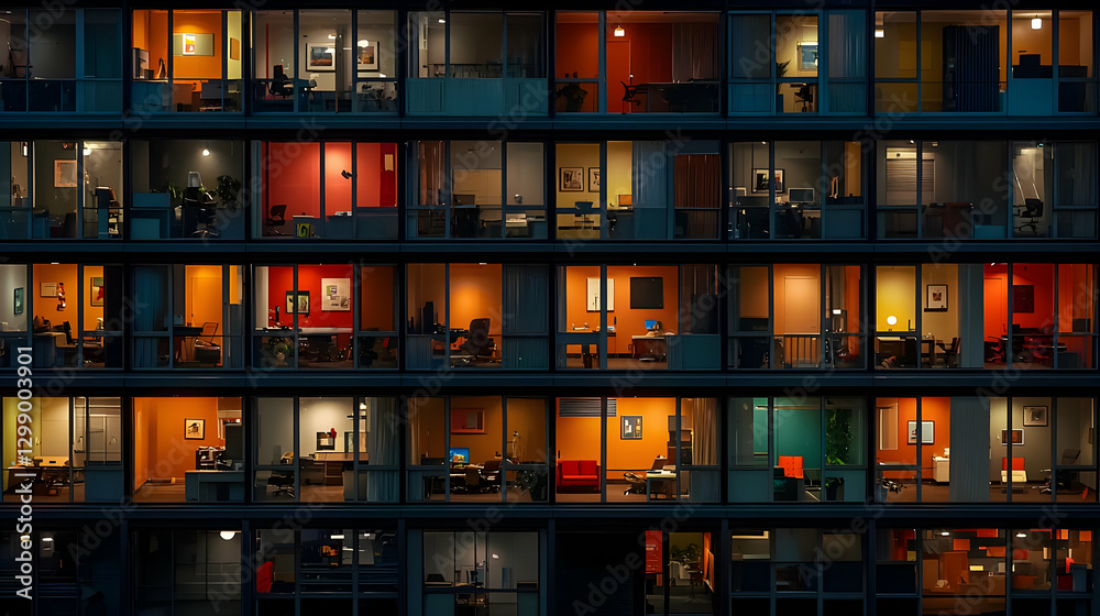 Multiple Illuminated Office Rooms in a Highrise Building at Night with Colorful Interiors Multiple Illuminated Office Rooms in a Highrise Building at Night with Colorful Interiors