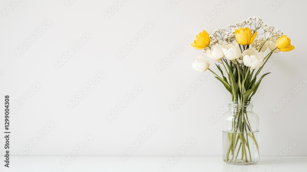 Yellow and white tulips in glass vase, minimalist background, spring decor, home design Yellow and white tulips in glass vase, minimalist background, spring decor, home design