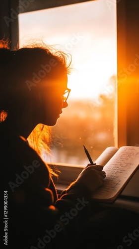 Woman writing goals journal window sunlight glow