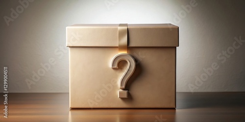 A Mysterious Beige Gift Box with a Question Mark and Golden Ribbon, an Enigma on a Wooden Surface