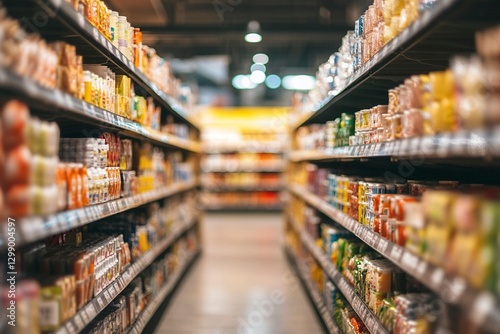 Wallpaper Mural Blurred background of an indoor supermarket with shelves full of products, blurred background for design and text layout. Stock photo, suitable for placing a title at the top.  Torontodigital.ca