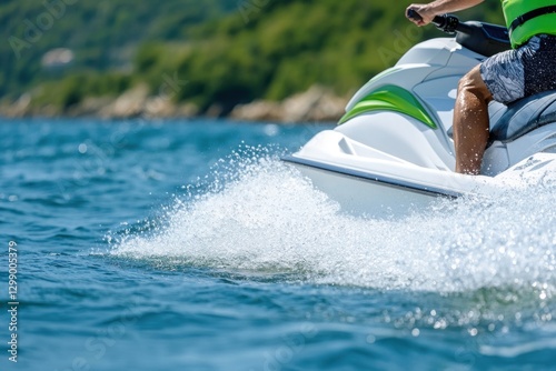 Personal watercraft creating a splash on a lake, a man riding a jet ski on blue water.