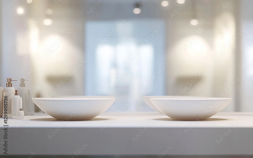 Blurred bathroom interior with an empty white tabletop for product display montage, blurred background of a modern bathroom interior with a double sink and mirror. Blurred bathroom interior with an empty white tabletop for product display montage, blurred background of a modern bathroom interior with a double sink and mirror.