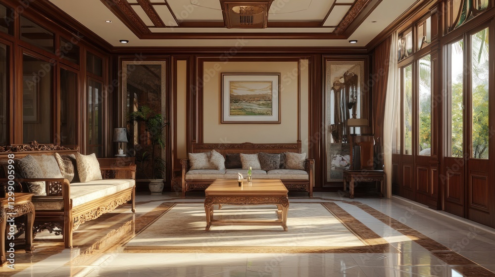 Naklejka premium Luxurious wooden living room interior with sunlit garden view