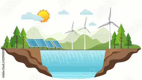 A vector illustration of a hydroelectric dam generating energy, accompanied by wind turbines and solar panels, representing sustainable power sources.