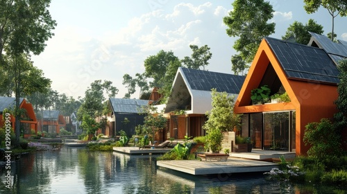 Cityscape with eco-friendly houses in a whimsical rendering , cityscape, eco-friendly
