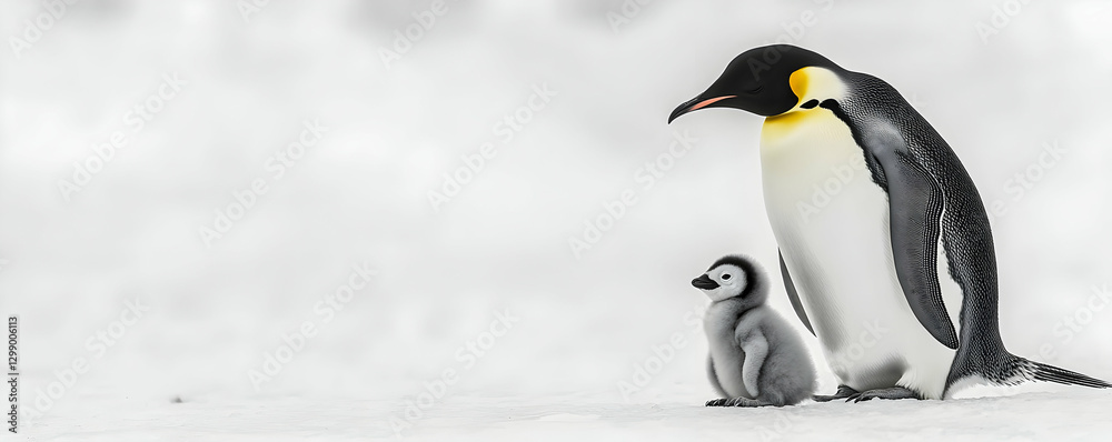 Naklejka premium Emperor penguin with a fluffy chick standing on Antarctic snow