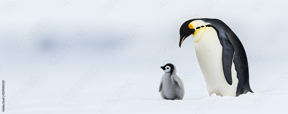 Obraz premium Emperor penguin with a fluffy chick standing on Antarctic snow