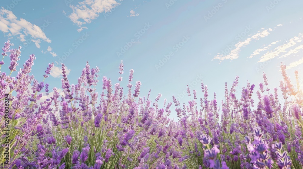 Naklejka premium A field of blooming lavender under a clear blue sky with