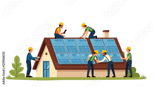 A team of technicians assembling solar panels on a house roof, promoting clean energy and sustainable home solutions.