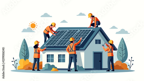  A team of workers installing solar panels on a residential house roof, promoting renewable energy and sustainable power solutions.