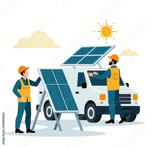  A vector illustration of two workers setting up solar panels on a service vehicle, representing sustainable energy for off-grid solutions.
