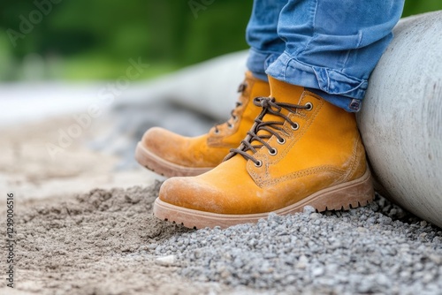 Dusty yellow work boots, worn by a person sitting, resting on gravel and dirt. photo