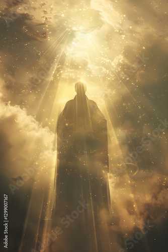 Serenity and Enlightenment: A Saintly Figure Bathed in Divine Light in a Heavenly Ambiance