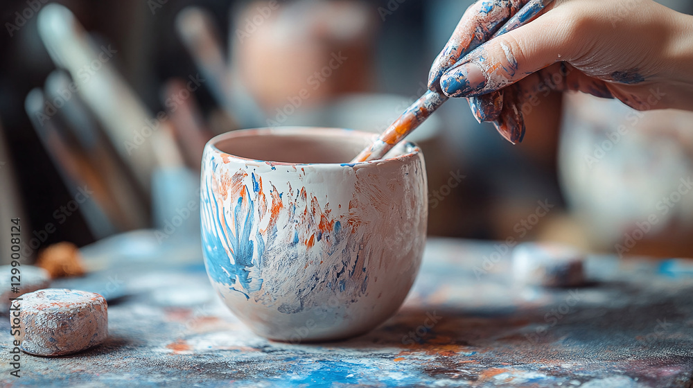 Obraz premium Ceramic Art: Hand paints vibrant designs on a pottery piece, showcasing creativity and skill. Brushstrokes add color to the vessel in a studio setting.