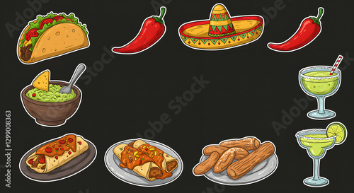 Colorful hand-drawn illustration of Mexican food, featuring tacos, burritos, nachos, guacamole, hot sauce, and other traditional dishes on a dark background