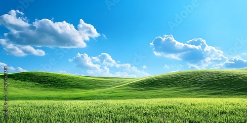 a green field with blue sky and clouds