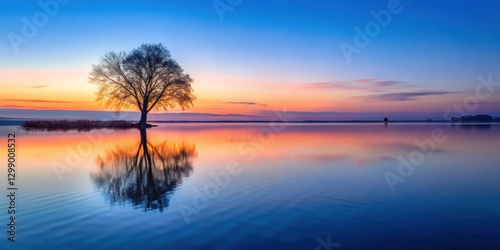 Serene Sunrise Solitary Tree Reflected in Still Waters of a Calm Lake at Dawn
