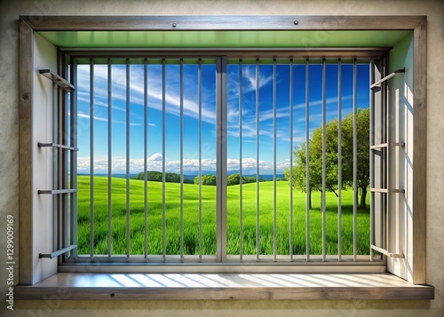Secure Underground Window: Landscape Photography of a Metal Security Grill Protecting a Basement Window