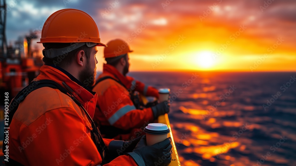 Obraz premium Two workers on a ship enjoy coffee at sunset, wearing orange safety gear.