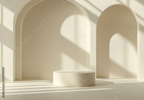 Minimalistic interior scene featuring a round pedestal in a sunlit space with geometric arches and soft shadows for artistic or design purposes