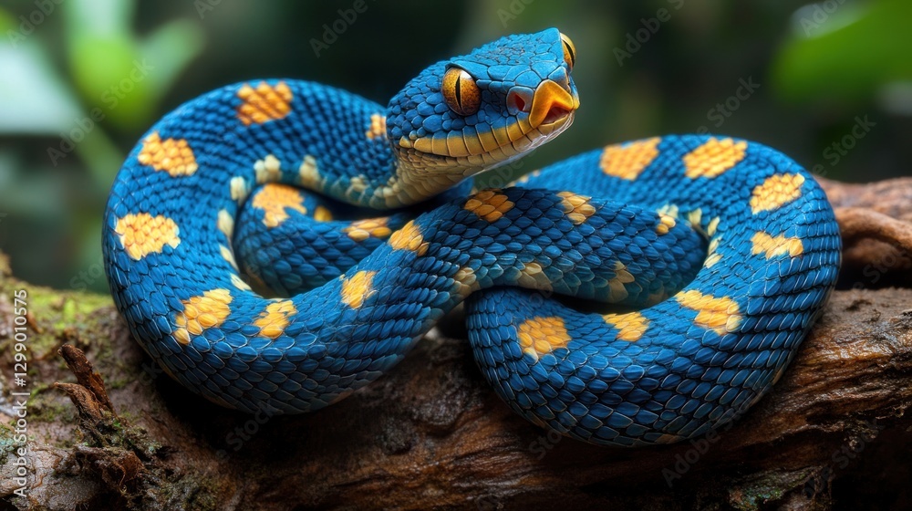 Vibrant blue and orange venomous snake coiled on a branch in a lush rainforest Vibrant blue and orange venomous snake coiled on a branch in a lush rainforest