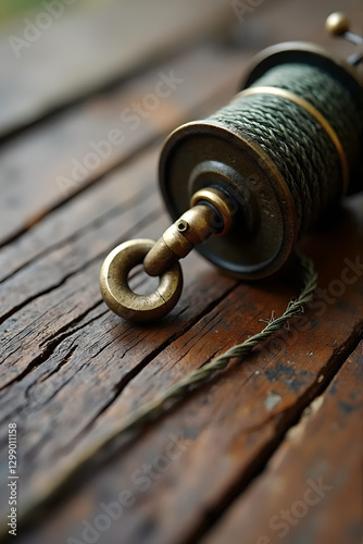 Neatly Coiled Fishing Line with Brass Swivel In style of High-Resolution Photograph For Background Use with Aged Wooden Surface, Natural Light Highlighting Textures, Ample Copy Space