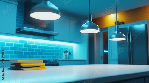 Wallpaper Mural Modern kitchen interior with pendant lights and blue ambient lighting creating a stylish atmosphere Torontodigital.ca