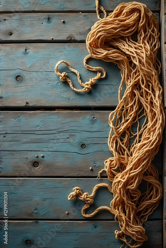Classic Fishing Net In style of High-Resolution Photograph For Background Use with Weathered Wooden Dock and Pebbles, Soft Backlighting Emphasizing Texture, Ample Copy Space