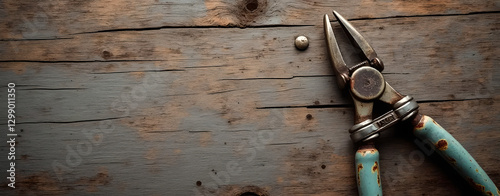 Old Fishing Pliers with Rusted Edges In style of High-Resolution Photograph For Background Use with Cracked Wooden Plank and Metal Hooks, Muted Warm Tones, Ample Copy Space