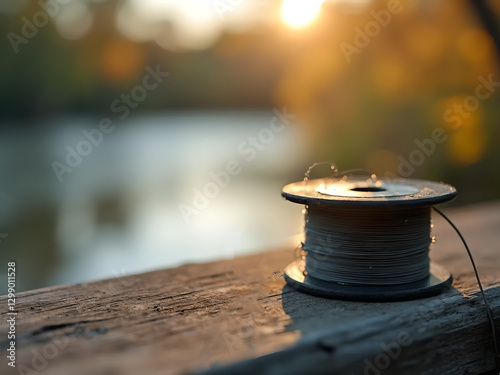 Fishing Line Spool and Hook on Weathered Wooden Table in Style of Realistic Photography For Background Use with Warm Soft Lighting and Ample Copy Space