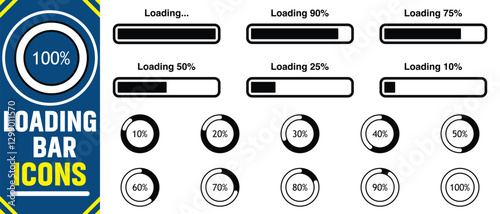 set of loading bar icons. Loading Bar Set. Progress bar loading signs.Percentage loading bar infographic icon set. Collection of loading and buffering symbols for websites, app, logo.