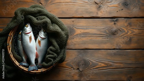 Fishing Net with Small Fish on Rough Wooden Table in Style of Realistic Photography For Background Use with Warm Natural Lighting and Ample Copy Space