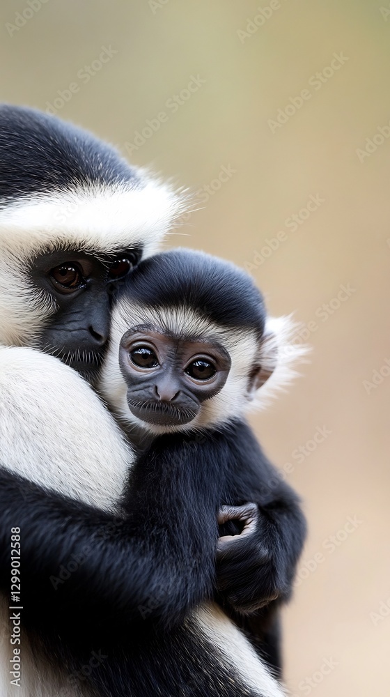 Baby monkey hugging mother beige jungle backdrop Baby monkey hugging mother beige jungle backdrop