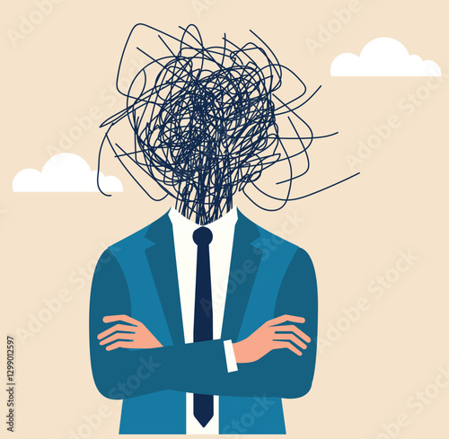Vector illustration of a businessman in a suit with a scribbled head, symbolizing stress, confusion, anxiety, and overthinking. Concept of mental health and burnout.