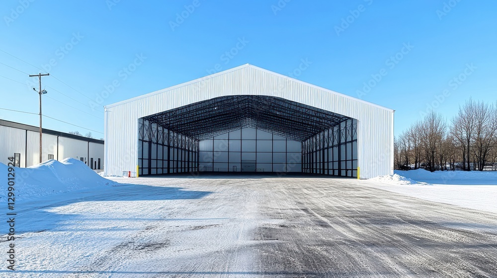 Large Industrial Warehouse in Snowy Landscape Large Industrial Warehouse in Snowy Landscape