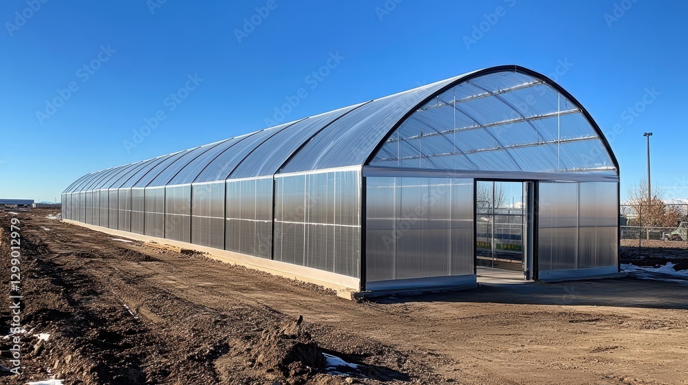 Modern Greenhouse Structure in Clear Blue Sky Modern Greenhouse Structure in Clear Blue Sky